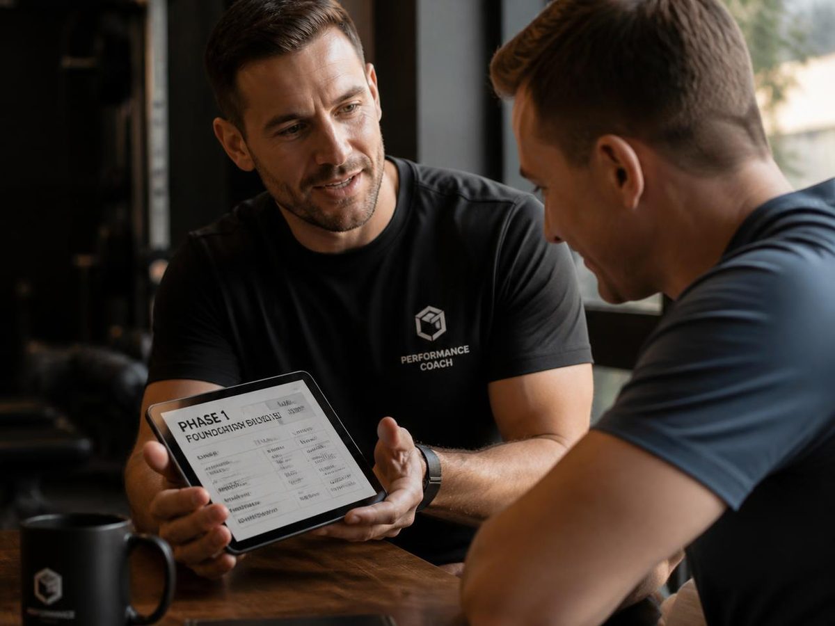 Coach Lucas bespricht mit einem Klienten den persönlichen Trainings- und Ernährungsplan an einem Holztisch im Studio