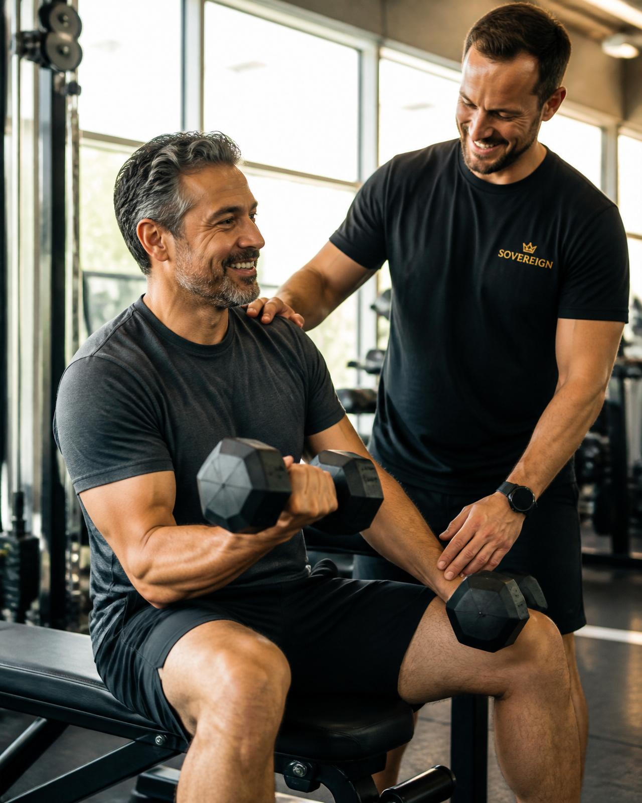 Coach begleitet einen Klienten beim Krafttraining im hellen Studio